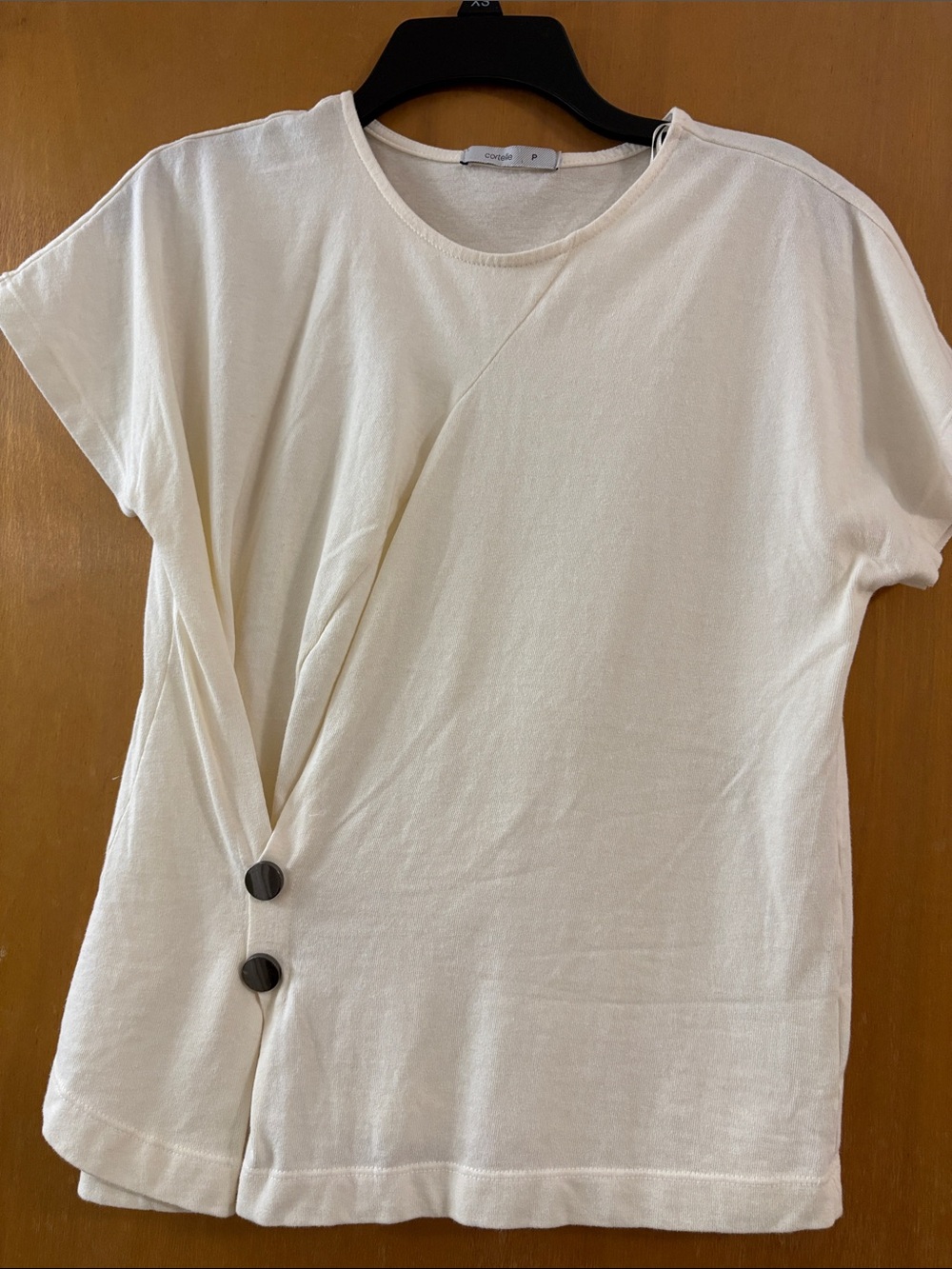 Cream Short-Sleeve Twist-Front Top with Button Detail